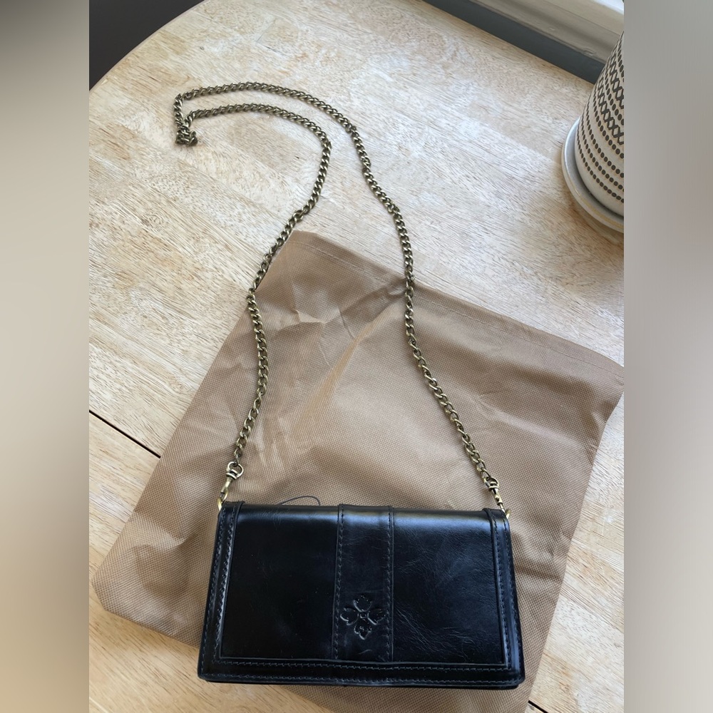 Patricia Nash Black Smooth Leather Handbag Clutch , Chain Crossbody, Like New.